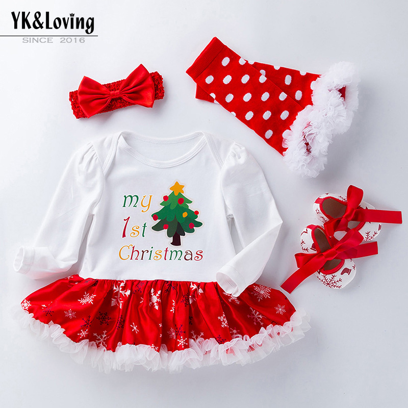 Abbigliamento per bambini Autunno e inverno Natale grande fiocco di neve gonna ragazza gonna vestito bambino manica lunga vestito bambino 4 pezzi set all'ingrosso_voghion.com