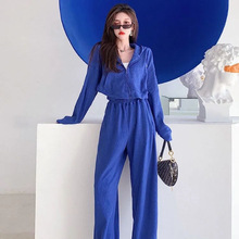 欧洲站华夫格时尚休闲套装女秋冬季短款连帽外套运动阔腿裤两件套