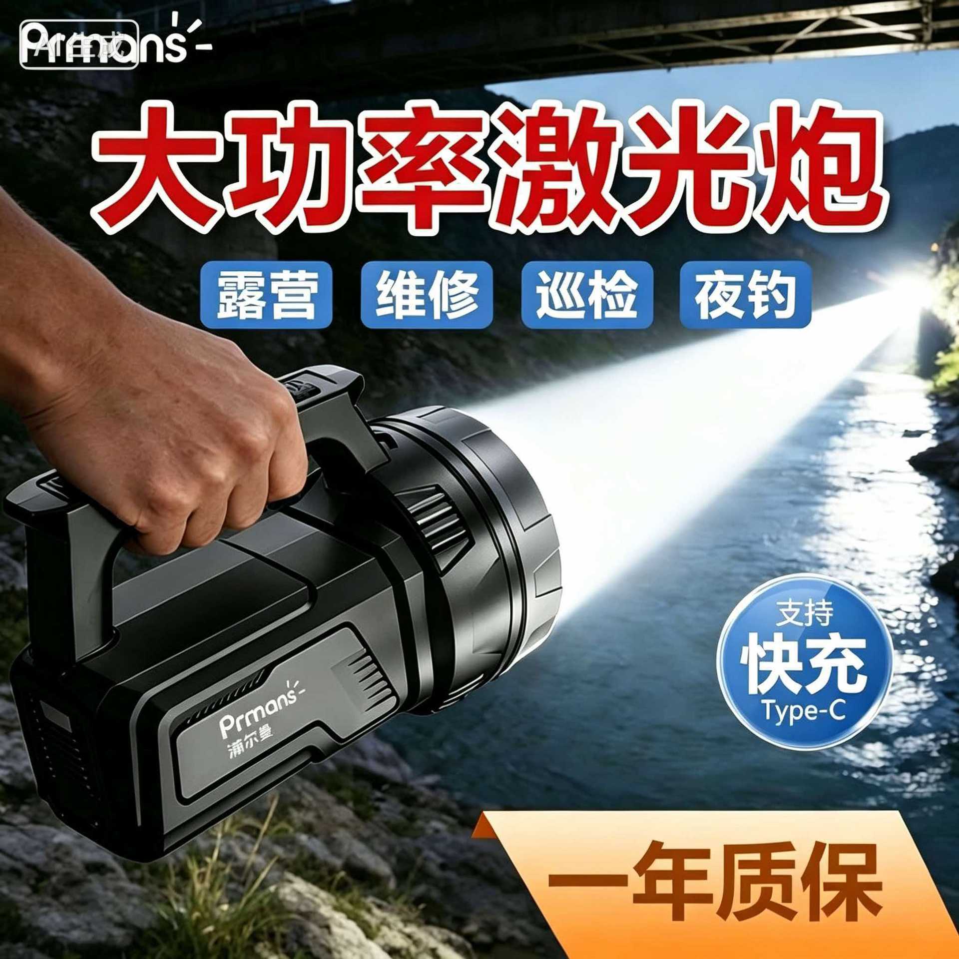 Pullman high-power, ultra-bright flashlight, perfect for outdoor camping, night fishing, and long-lasting use; a portable searchlight
