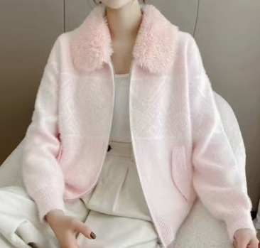秋冬时尚撞色条纹棒球领拉链开衫毛衣女时尚通勤长袖针织衫外套|undefined