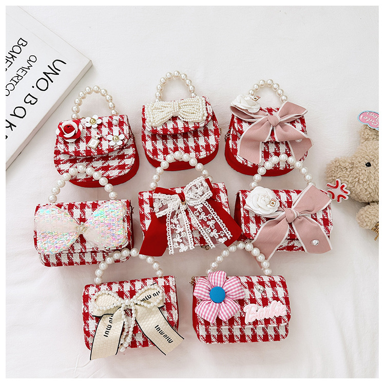 Women's Cotton And Linen Plaid Cherry Bow Knot Cute Beading Pearls Shell Flip Cover Crossbody Bag display picture 15