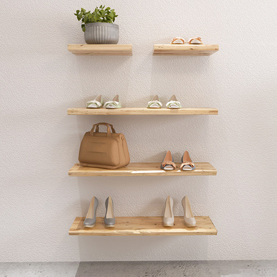 实木墙上置物架一字隔板壁挂木板客厅书架原木服装鞋店鞋包展示架|ms