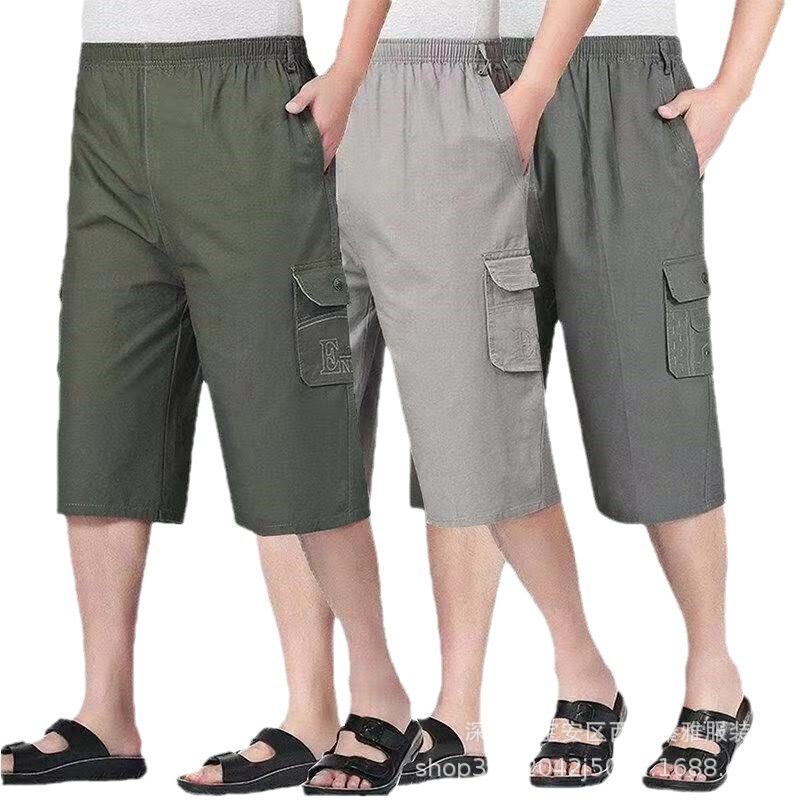 Summer Cotton Mid-Pants Men's Large Size Multi-Pocket Cargo Pants Middle-Aged and Elderly Men's Cropped Pants Men's Work Pants