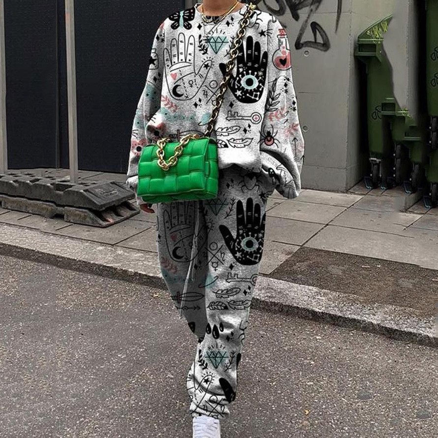 Conjunto de Sudadera Informal con Cuello Redondo y Estampado Holgado para Mujer, Estilo Europeo y Americano, Novedad de Comercio Exterior Transfronterizo para Otoño 2025
