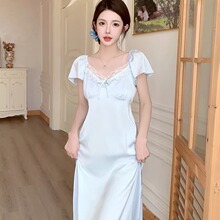 夏天小红书长款日系士薄款冰丝短袖女甜美睡裙带胸垫睡衣睡衣宫廷
