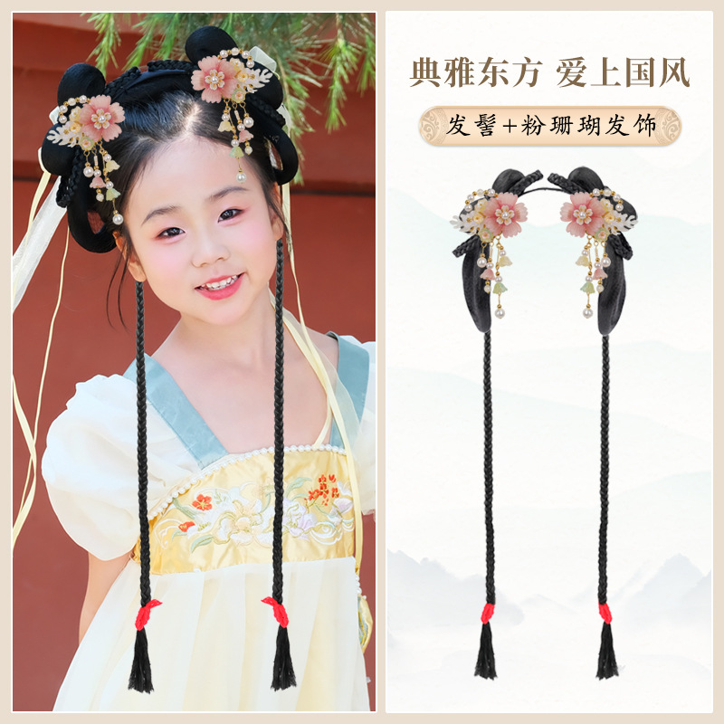 치자나무 부드러운 머리띠 브레이드 + 핑크 산호 헤어 액세서리 한 쌍