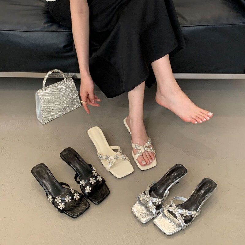 2025 New Summer Style Silver Rhinestone Fancy High Heels Women's Stiletto Sandals and Slippers Cross-Strap Sandals for Women's Outer Wear