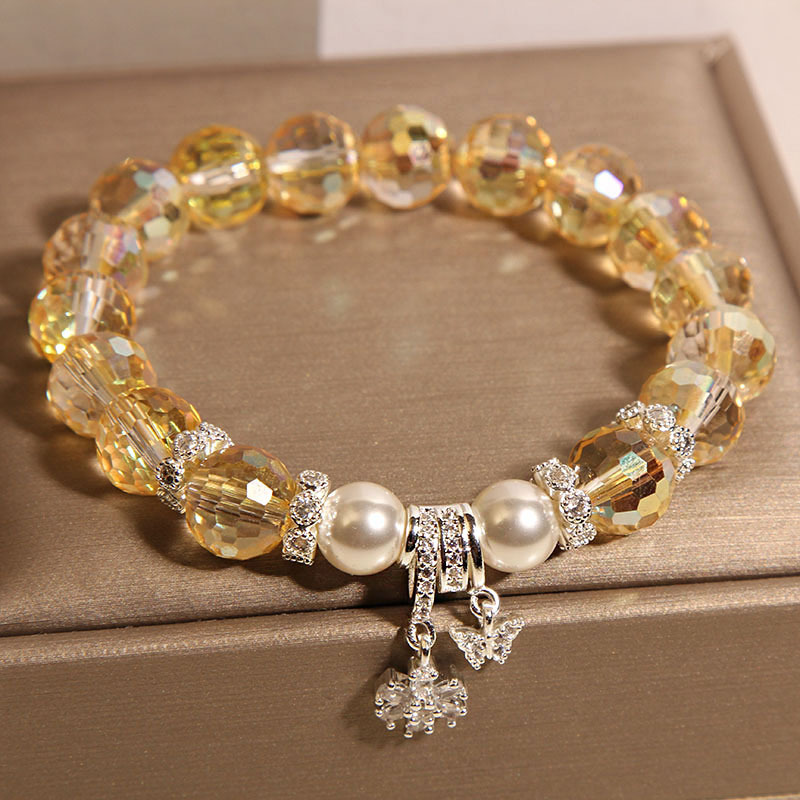 Pulsera de citrino austriaco, lujo ligero femenino, temperamento de nicho, flor de perla, colgante de mariposa, pulsera, regalo para novias