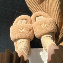 赵露思同款羊皮版厚底毛毛拖鞋女2025早秋新款休闲露趾外穿拖鞋