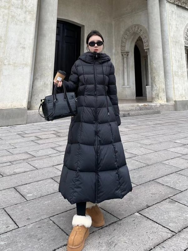 Goose down Ankle-Length Slim Hooded Thickeneded down Jacket for Women Black Slimming Look Over-The-Knee Extra Long Classy Waist Jacket Goose down Ankle-Length Slim Hooded Thickeneded down Jacket for Women Black Slimming Look Over-The-Knee Extra Long Classy Waist Jacket