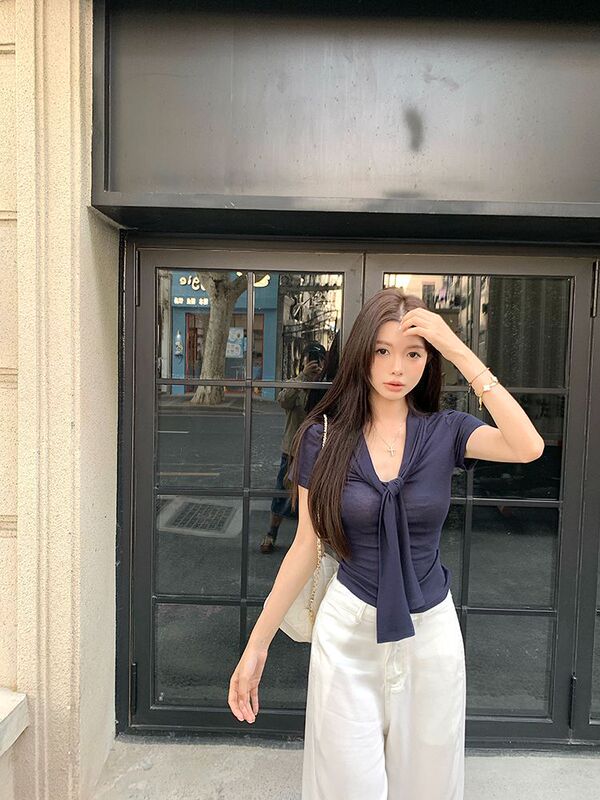 纯欲风黄色系带正肩短袖T恤女装夏季小众chic修身显瘦藏蓝色上衣|undefined
