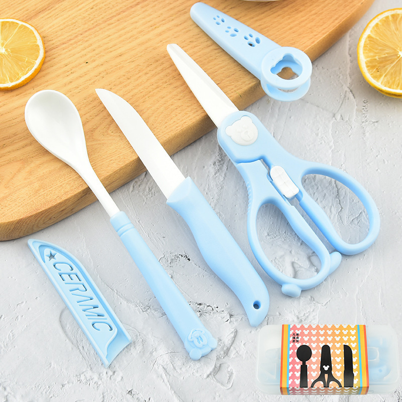 Cuchillo de frutas de cerámica fácil de almacenar conjunto de tijeras de alimentos complementarios de tres piezas conjunto de tijeras de cerámica caja de sellado de plástico