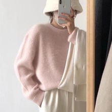 日韩加厚100%羊毛羊绒圆领针织衫女秋冬慵懒粉色宽松内搭打底毛衣
