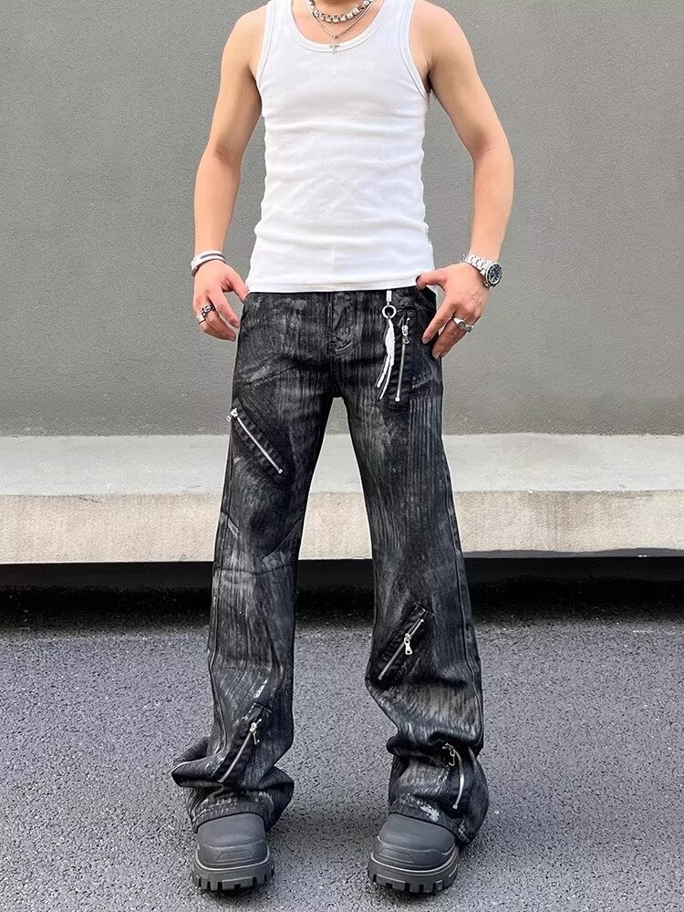 Men's Retro Distressed Flared Jeans High Street Style Loose Fit Zipper Design Cool And Edgy Long Pants_mkmklike.com