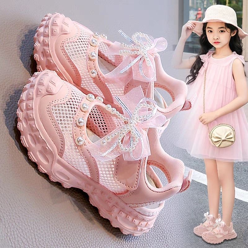 Sandalias deportivas para niñas, estilo verano 2026, zapatos de malla hueca para niños con lazo de perlas, zapatos de moda estilo papá.