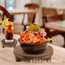 乡村木质棕色咖啡杯底座支架黑胡桃木盛菜托盘圆形花盆多肉底托