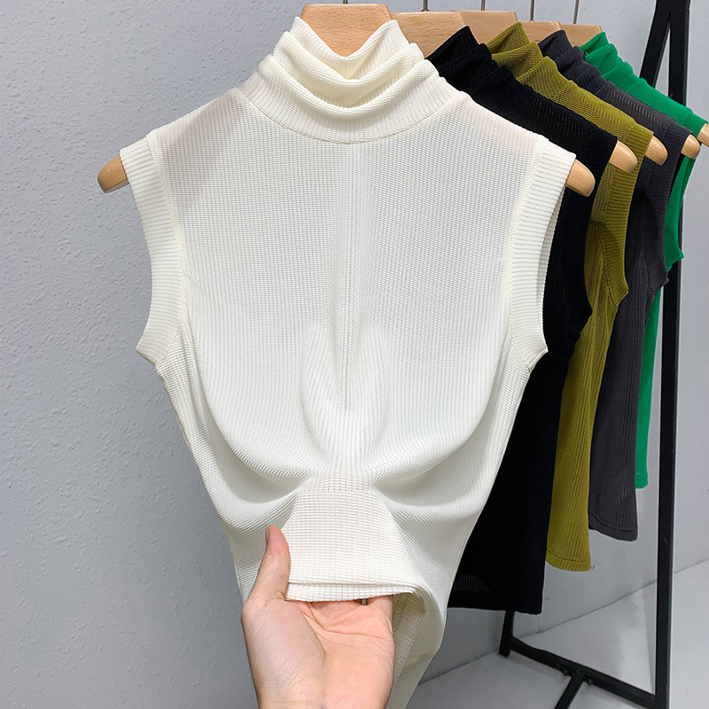 Las mujeres cuello alto Chaleco de malla 2023 nuevas elegante interior estilo occidental pequeña camisa color sólido cintura sin mangas top