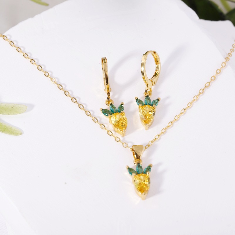 Fruit Earring Necklace Set Colorful CZ Zircon Earrings Grape Cherry Piercing Jewelry Gold detail image 18