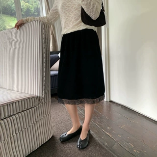 IMISS蕾丝花边丝绒中长款半身裙2026秋季新款气质百搭裙子S71208