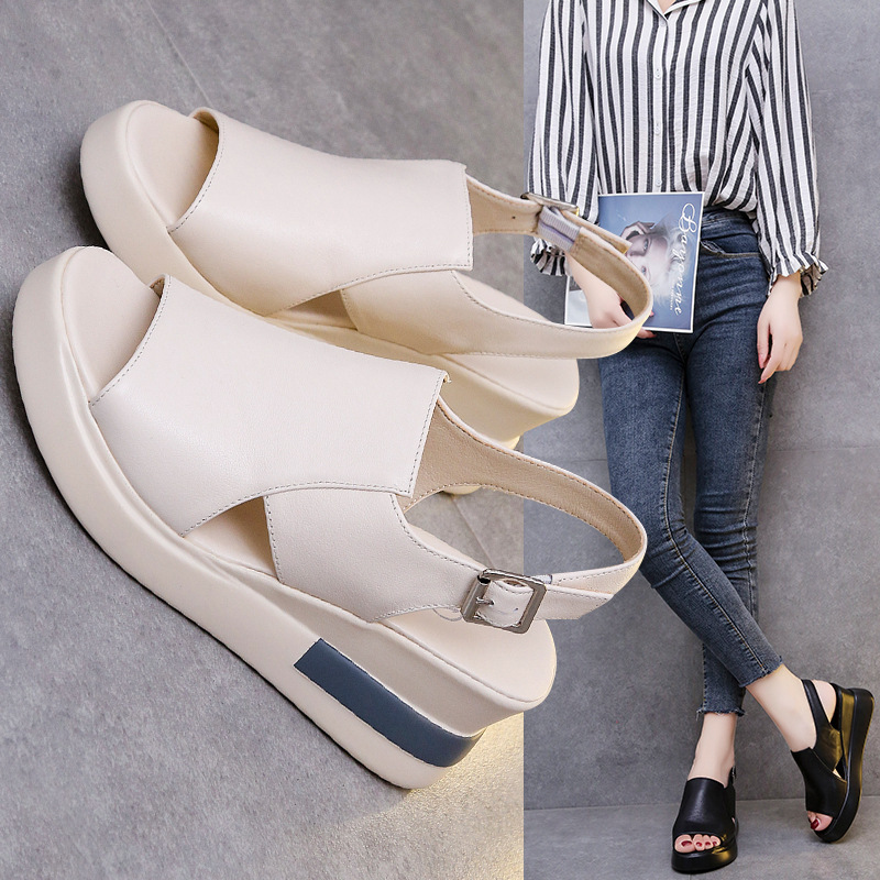 summer fashionable sandals platform wedge heel made of soft leather…