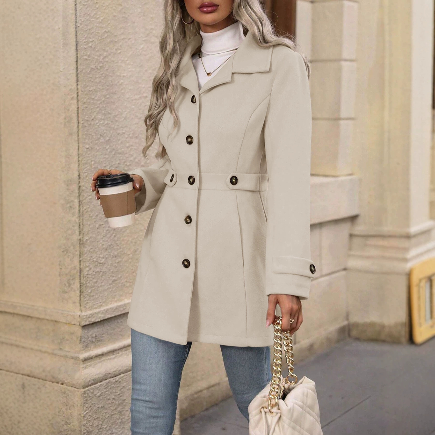 Cross-Border 2026 Autumn and Winter New Mid-Length Elegant Woolen Coat with Lapel and Buttons, Slim Fit Woolen Jacket