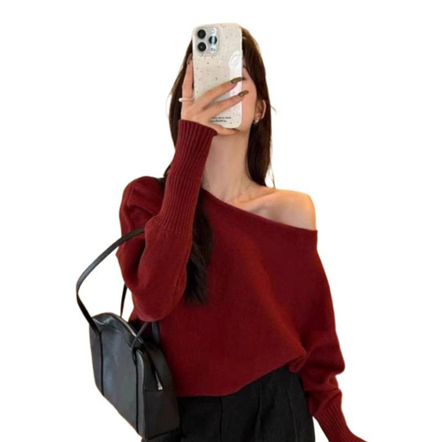 Lemon green tea gentle one-shoulder pullover sweater women's autumn and winter Korean temperament long-sleeved sweater