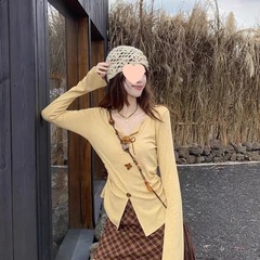 复古高级感修身长袖恤打底上衣女2025秋冬格子字半身裙两件套装