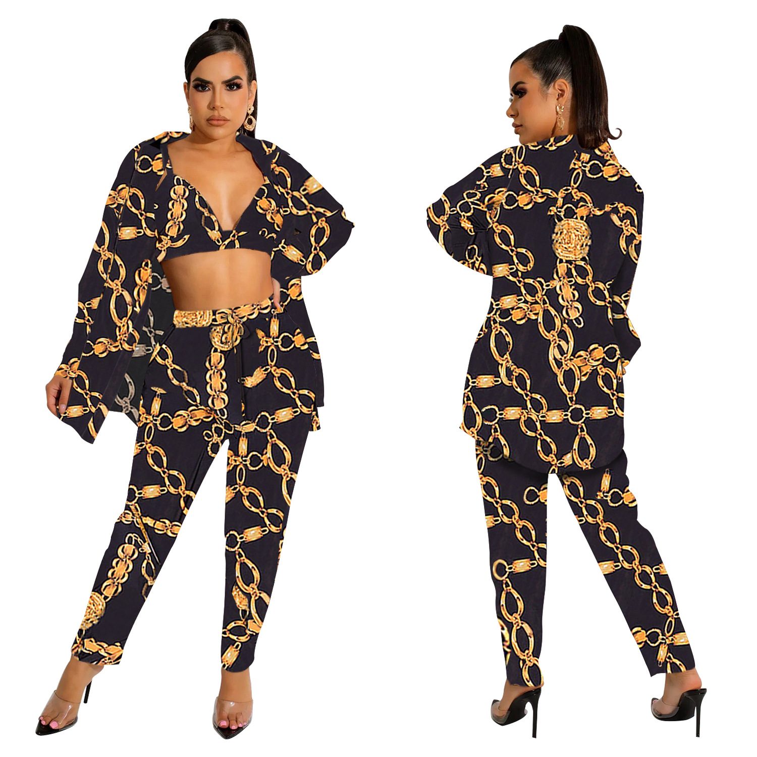 Women's Pant Set With Long Sleeved Collared Jacket And Trousers_voghion.com