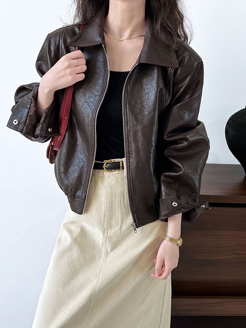 Retro Brown Leather Jacket Womens Autumn Zipper PU Lapel