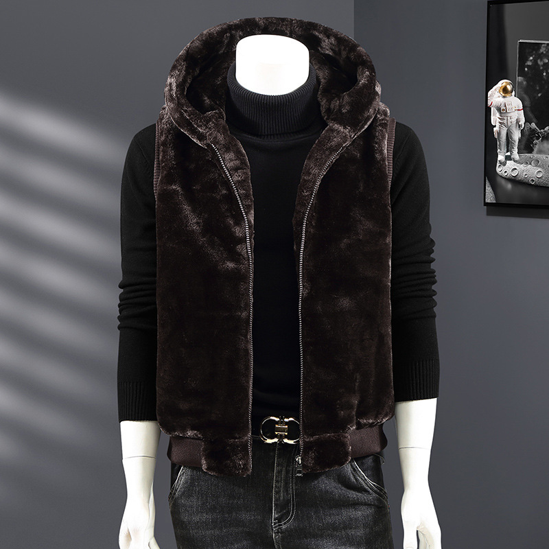 Foreign Trade Cotton Vest Autumn and Winter Plush Vest Youth Fur Couple Hooded Vest Men's Plush Cardigan Waistcoat
