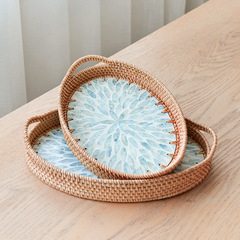 WBZ7藤編貝殼托盤越南天然貝母拼接編織橢圓收納盤家用客廳茶几水