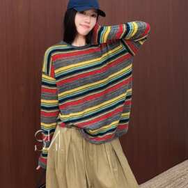 欧洲站2026秋季复古彩虹条纹针织衫女宽松圆领长袖百搭氛围感上衣