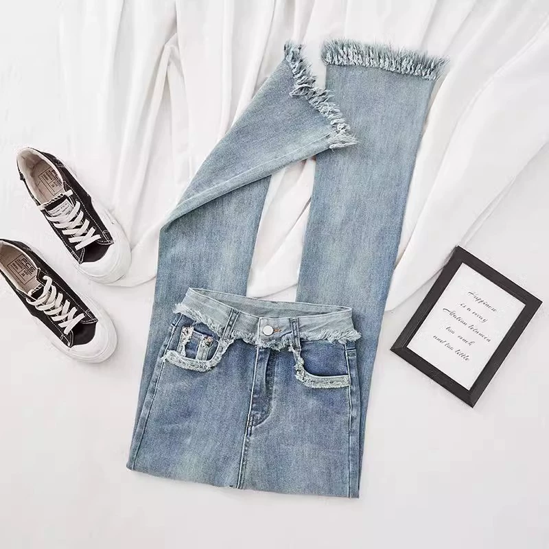 Голубые весенние расклешённые брюки, облегающие джинсы с кисточками, 2025 год, новая коллекция, высокая талия