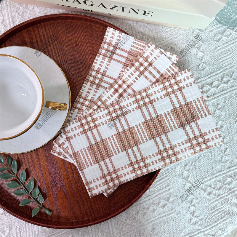 20 Sheets of 33*40 Brown Plaid Napkins, Wedding Holiday Colorful Printed Paper Towels, Hotel Restaurant Napkins, Placemats