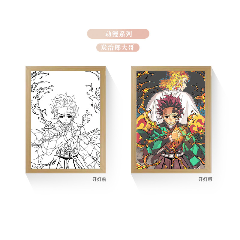 Tres colores TikTok popular pintura ligera de dibujos animados dormitorio noche pintura luminosa marco de fotos de madera maciza creativo bricolaje fabricante