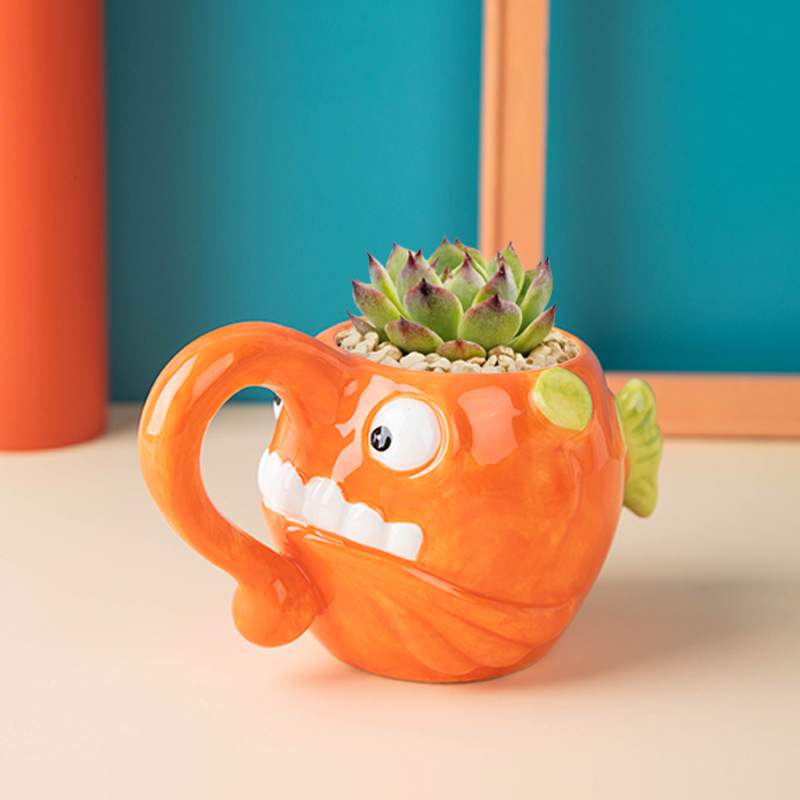 卡通海洋动物杯创意陶瓷杯3D灯笼鱼杯造型杯新奇马克杯咖啡杯花盆