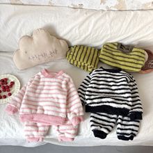 冬季儿童新款2024男童加绒卫衣套装外贸冬款条纹圆领加绒两件套