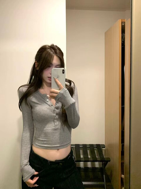 亨利领T恤女秋小个子粉色内搭修身长袖针织打底衫|undefined
