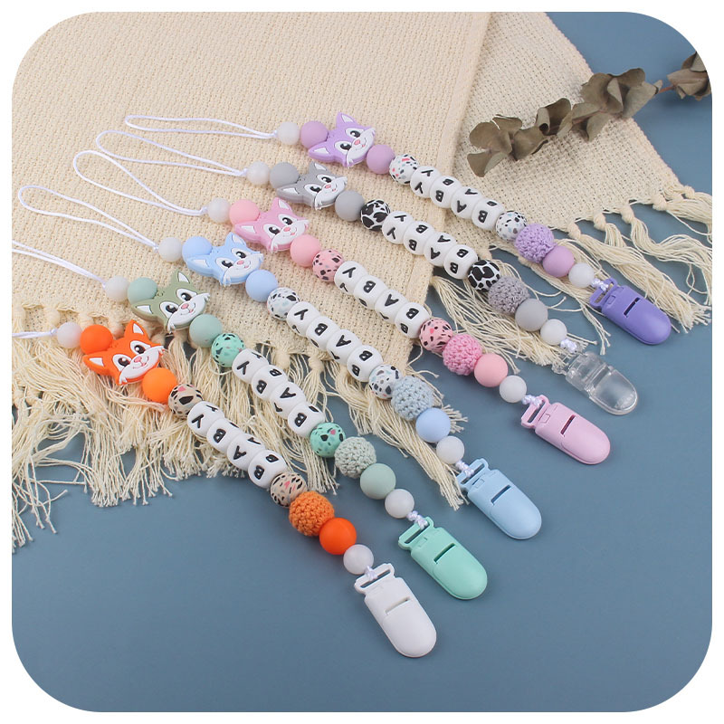 DIY creativo bebé suministros de dibujos animados de silicona Fox gato mordedor calmante bebé nombre chupete cadena molar anti-perdida cadena