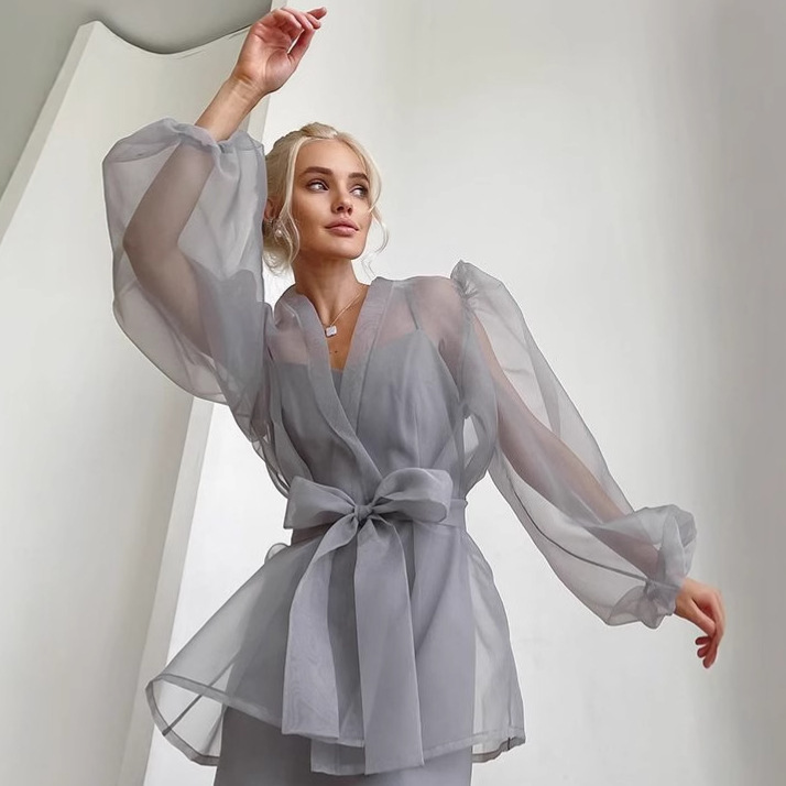 2025 Spring/Summer European and American Fashion Women's Loose See-Through Sexy Blouse Puff Sleeve Shirt Lace-Up Mesh Top