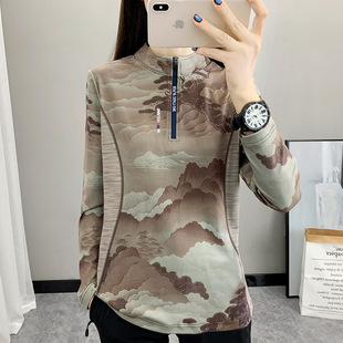 23C3113 printed new develvet double-sided brushed bottoming shirt long sleeve versatile autumn and winter top fleece-lined stand collar