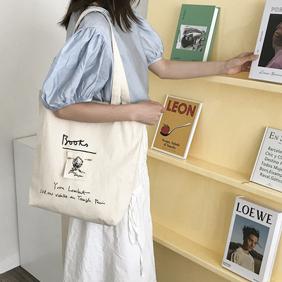 ins书店周边同款金属别针+刺绣女孩新款帆布袋子单肩书包一件代发