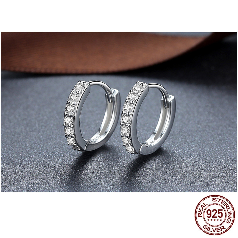 S925 Silver Needle Round Earrings Korean Hoop Earrings for Women with Button Studs, Simple Diamond-Studded Small Round Hoops, Ins Style