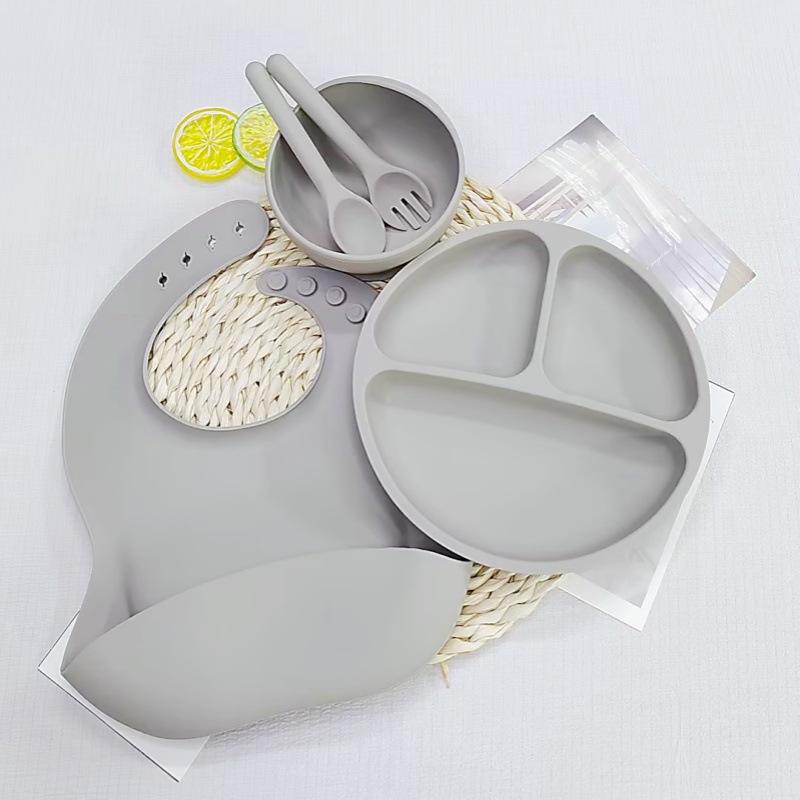 그레이 - 원형 디너 접시 + 턱받이 + 실리콘 스푼 + 실리콘 포크 + 그릇