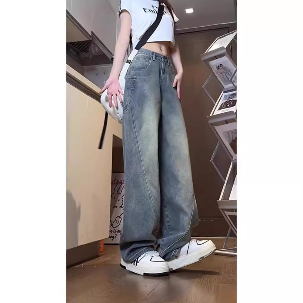 새로운 와이드 레그 청바지 남성과 여성의 봄과 가을 바지 약간의 바지 일본식 세탁 정사이즈 올 매치 자연 허리
