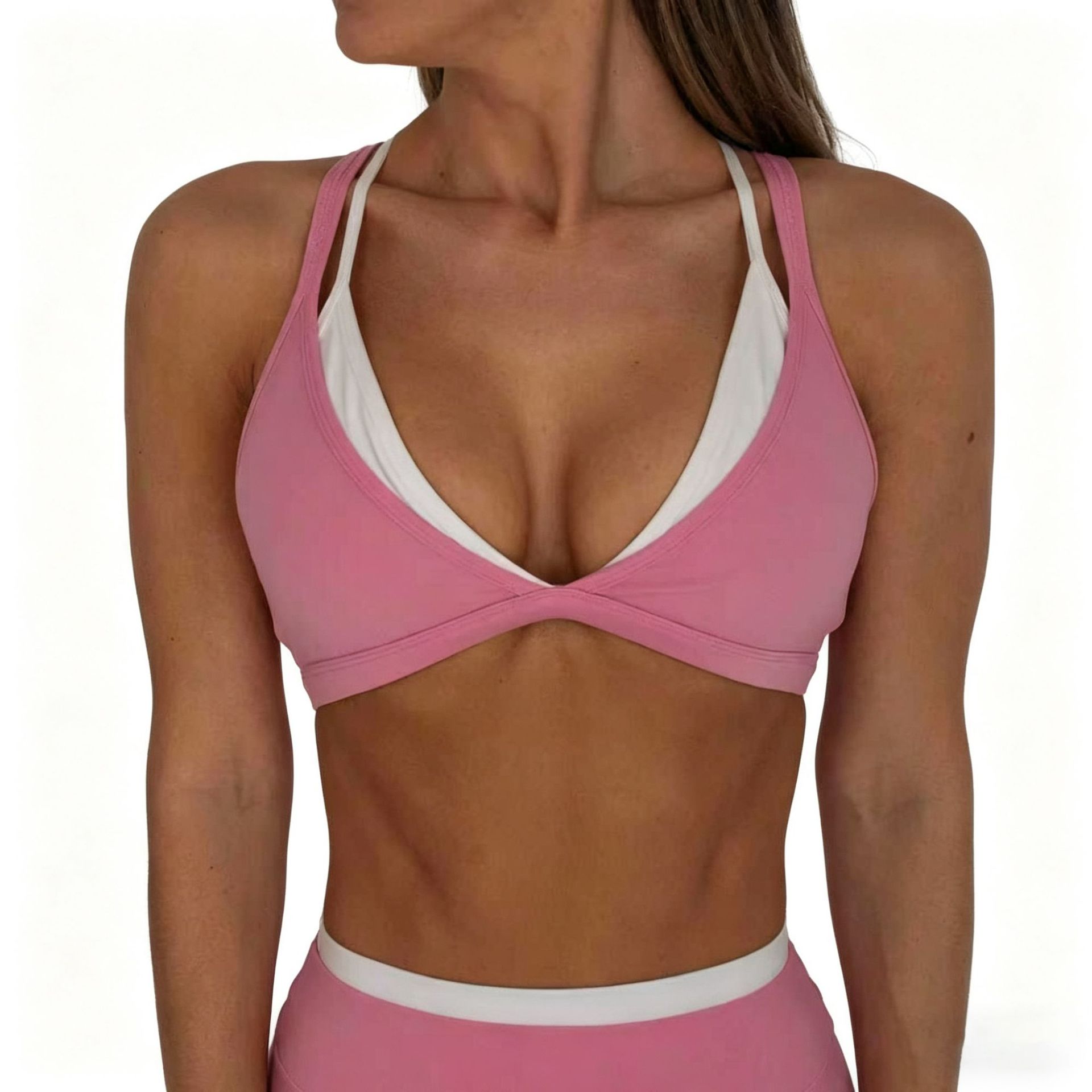 Cross-border damas correa de hombro de doble capa de contraste de color V-collar cruzado de espalda ropa interior deportiva de soporte alto cinturón de pecho bra