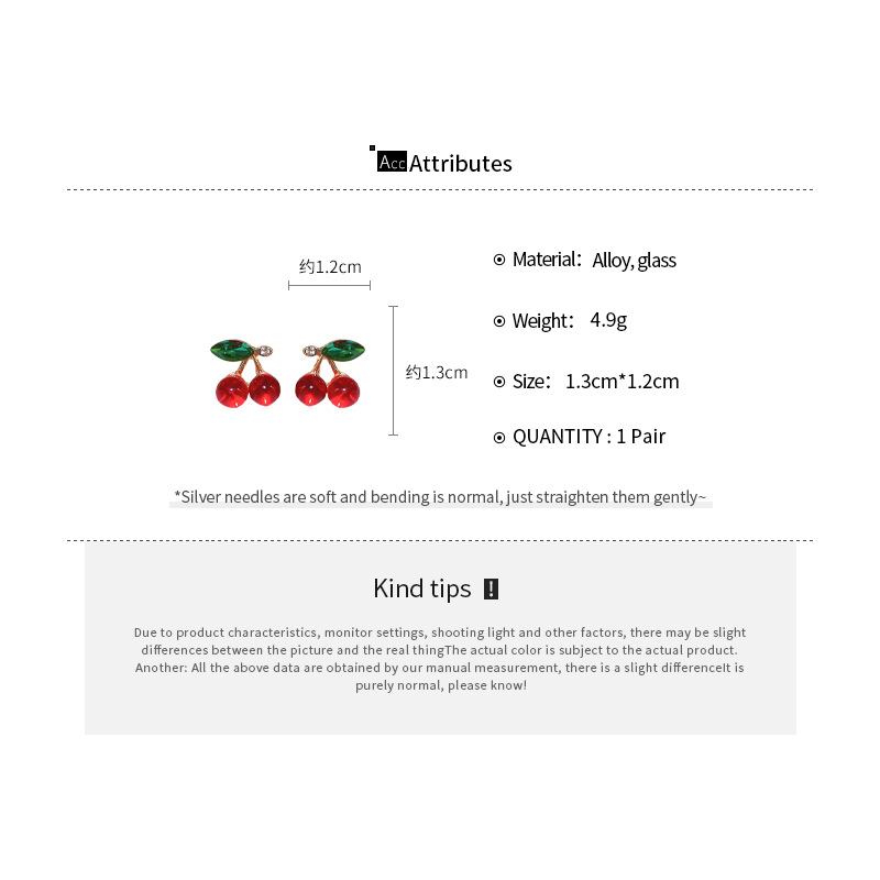 10g Weight 925 Sterling Silver Ear Needle Material Glass Inlay Material Ear Studs Classification 1 Pair Quantity Daily Occasion Alloy, Glass Material Cherry Pattern Women's Gender Cute, Sweet Style 1 Pair Cute Sweet Cherry Alloy Glass Glass Ear Studs 1