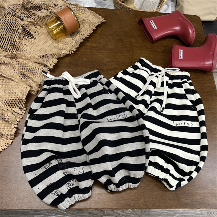 Pantaloni sportivi casual da bambino e bambina in stile occidentale, grandi pantaloni in PP per neonati, pantaloni larghi a righe in cotone per bambini_voghion.com