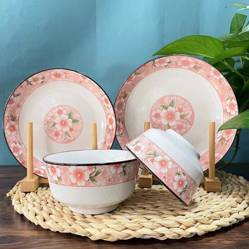 Household ceramic rice bowl cooking plate cherry blossom underglaze healthy flower porcelain ceramic tableware thickened porcelain bowl porcelain plate