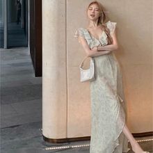 法式淑女碎花连衣裙2025夏季小众设计感开叉收腰茶歇吊带A字长裙